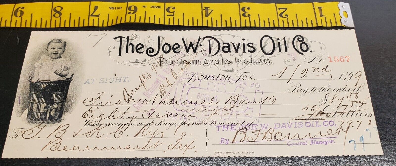 The Joe W. Davis Oil Co. Cancelled Check dated 1899 in Texas - Baby in a basket