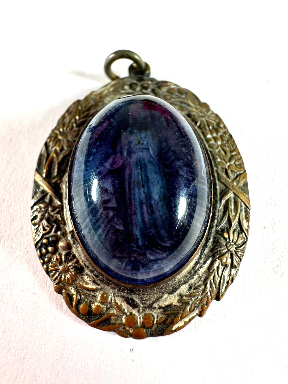 VIntage Pendant Cabochon Mary Blue Glass Oval Catholic Medal