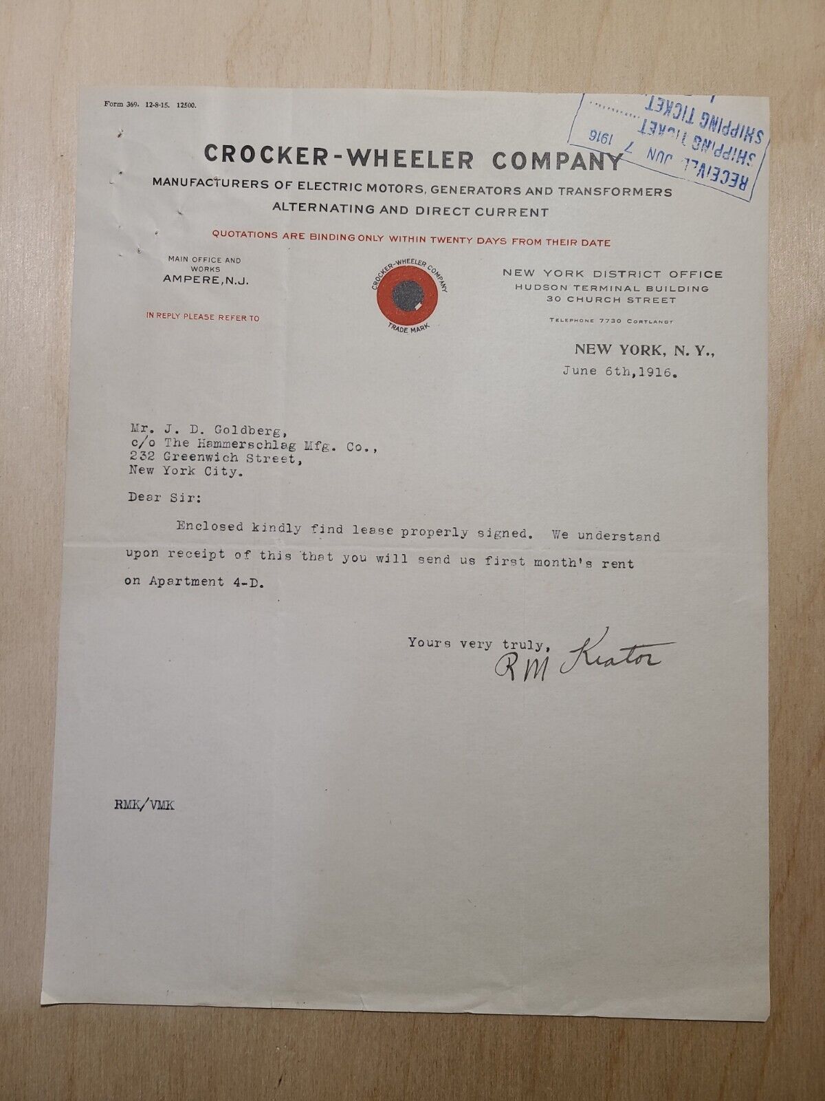 1916 Antique Document, Crocker - Wheeler Co. Ampere NJ, Signed        *6