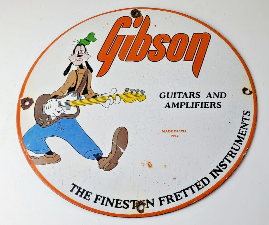 Vintage Gibson Guitars - Acoustic Electric Bass Porcelain Gas Station Goofy Sign