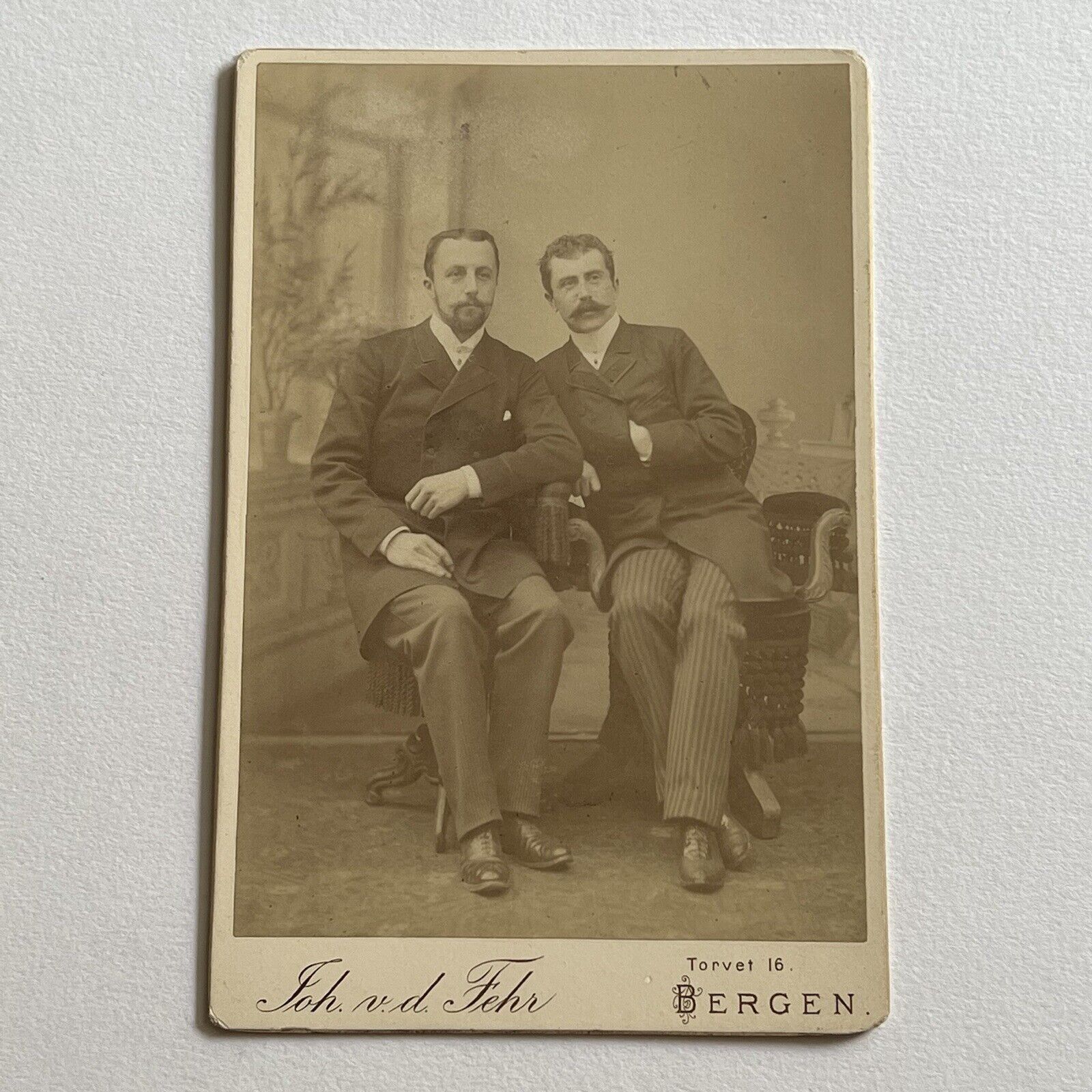 Antique Cabinet Card Photograph Handsome Dapper Men Leaning In Bergen Norway