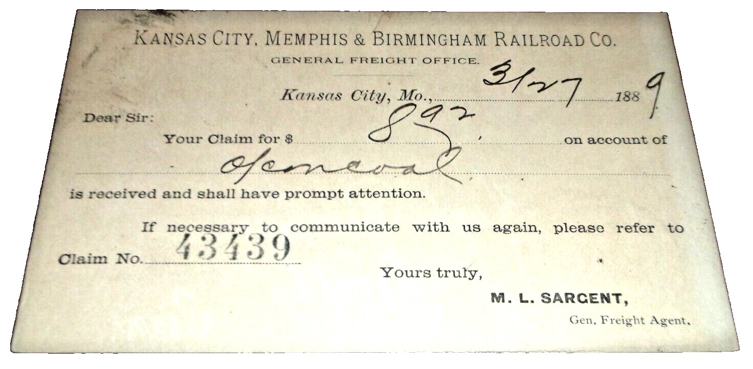 MARCH 1889 KANSAS CITY MEMPHIS & BIRMINGHAM RAILROAD FREIGHT CLAIM POST CARD