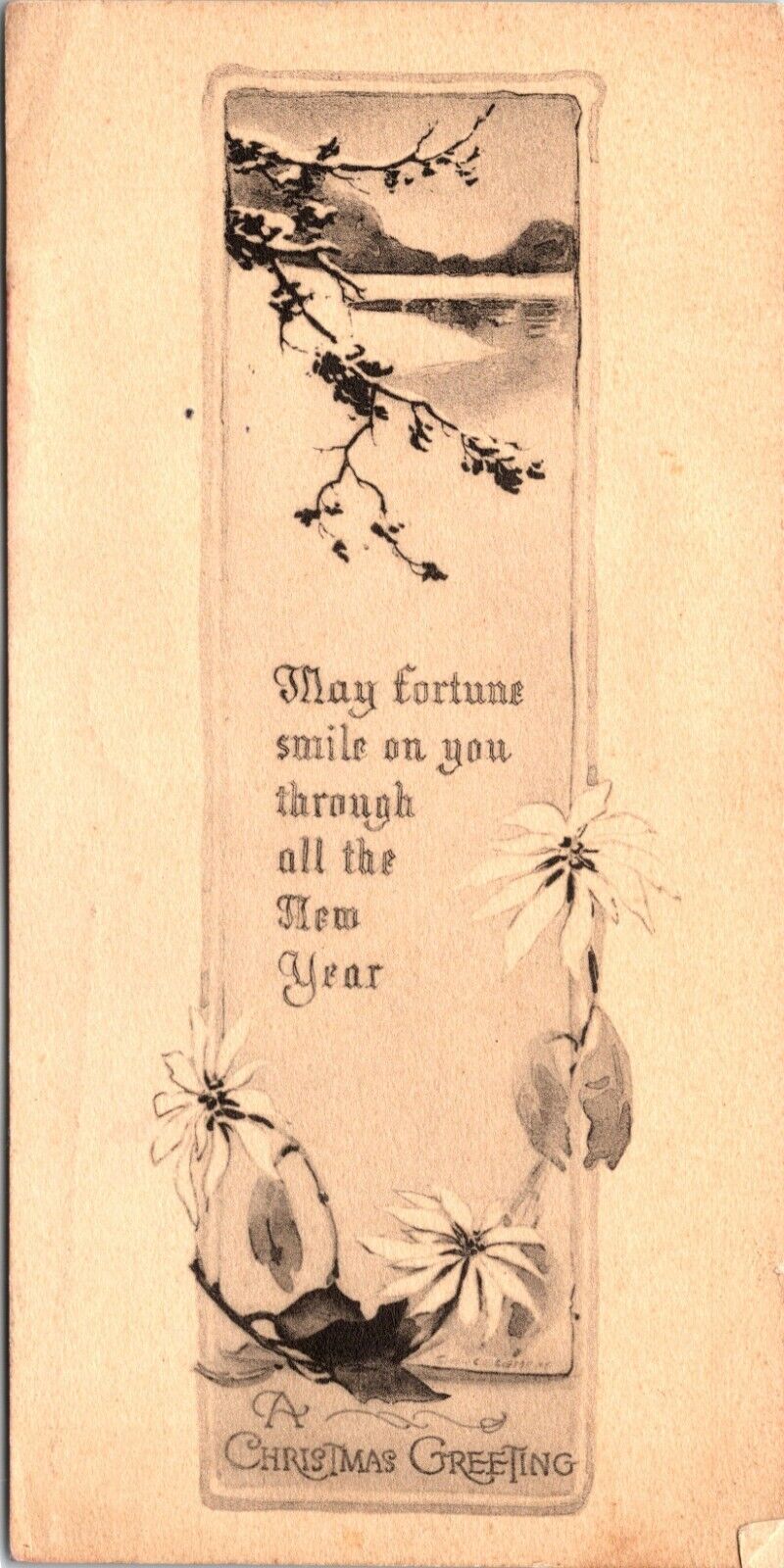 1912 Christmas Greeting Postcard New Year Wishes Winter Scene Flowers Half Card