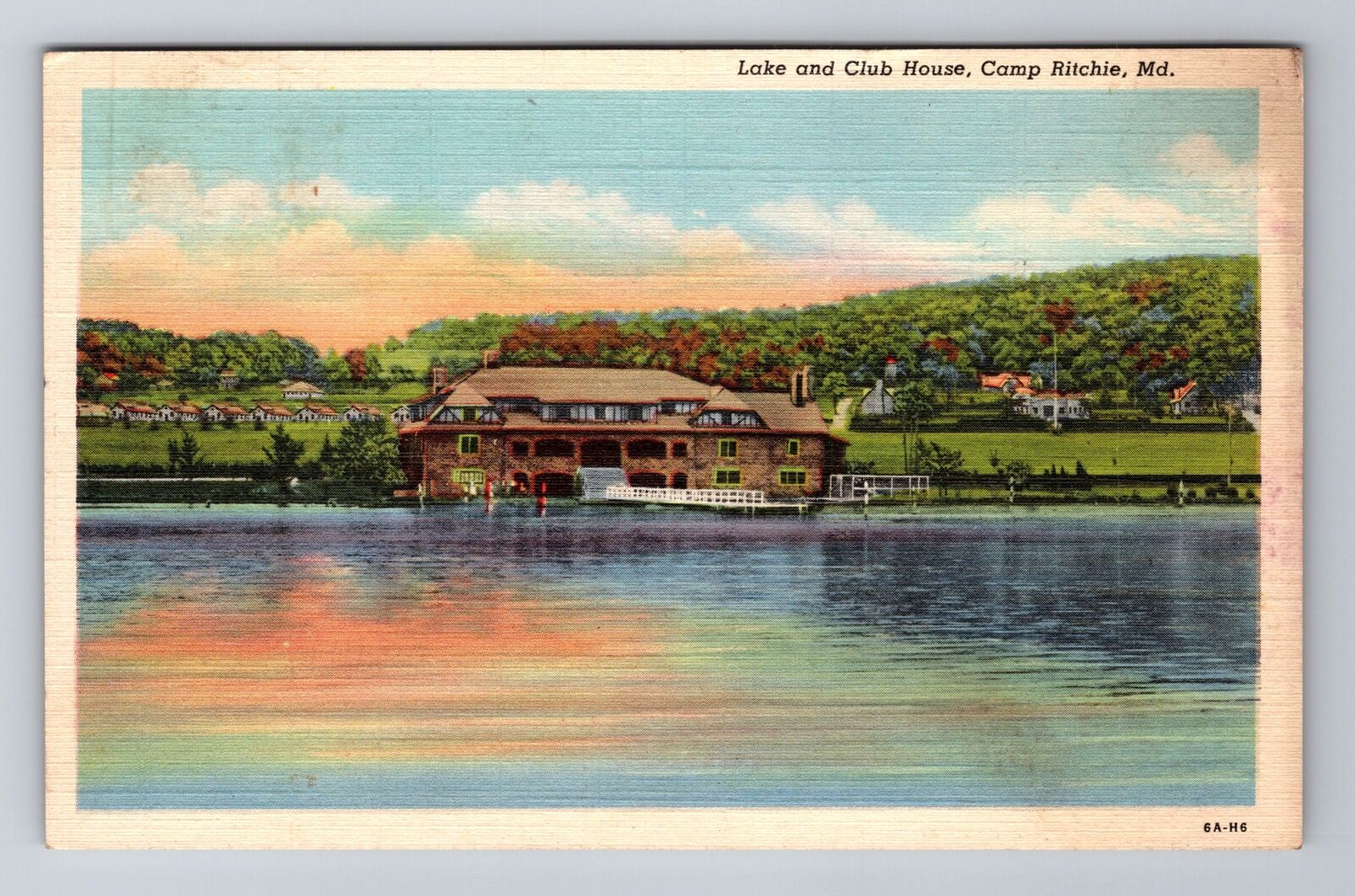 Camp Ritchie MD- Maryland, Lake And Club House, Antique, Vintage c1944 Postcard
