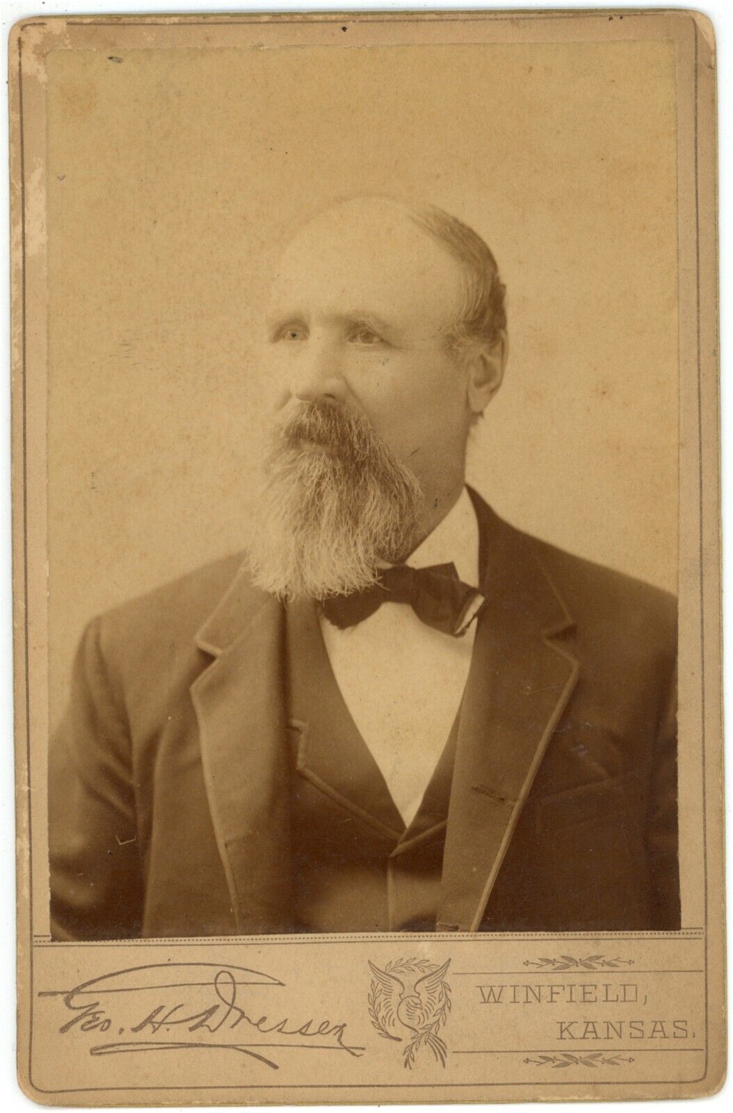 Circa 1880\'S Cabinet Card Handsome Older Man Bow Tie Beard Dresser Winfield, KS
