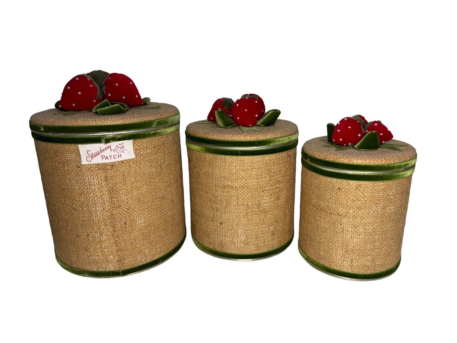 3 Vintage Decoware Canisters Metal Burlap Strawberries Felt Nesting Containers