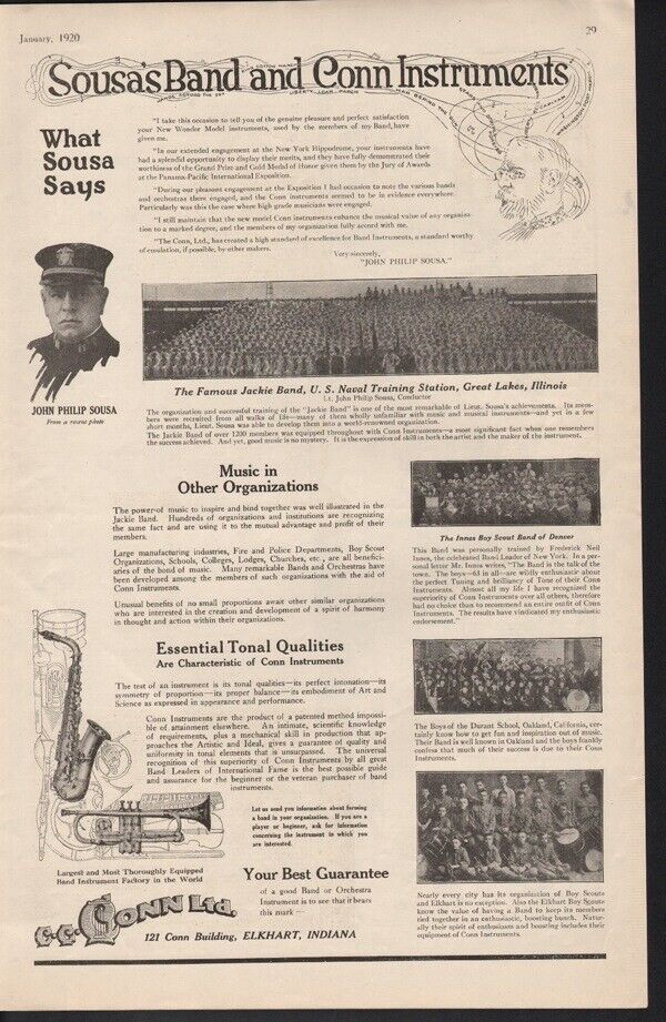 1920CONN MUSICAL INSTRUMENT SOUSA MARCHING JACKIE BAND NAVY ELKHART AD 9946
