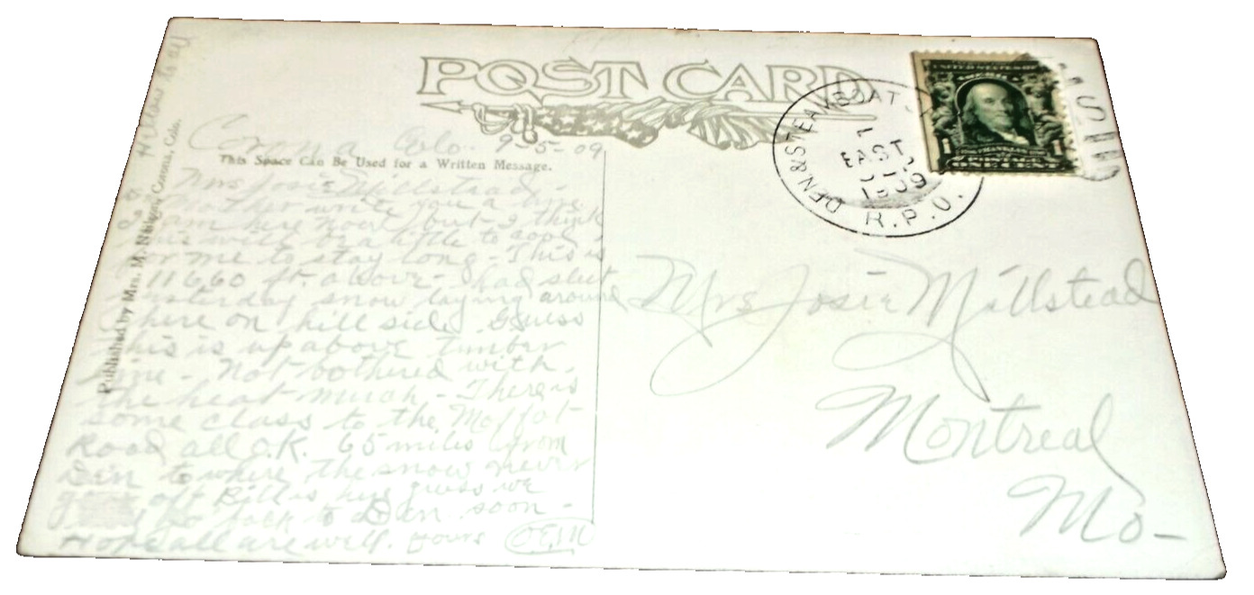 1910 DENVER NORTHWESTERN & PACIFIC DENVER & STEAMBOAT SPRINGS RPO POST CARD