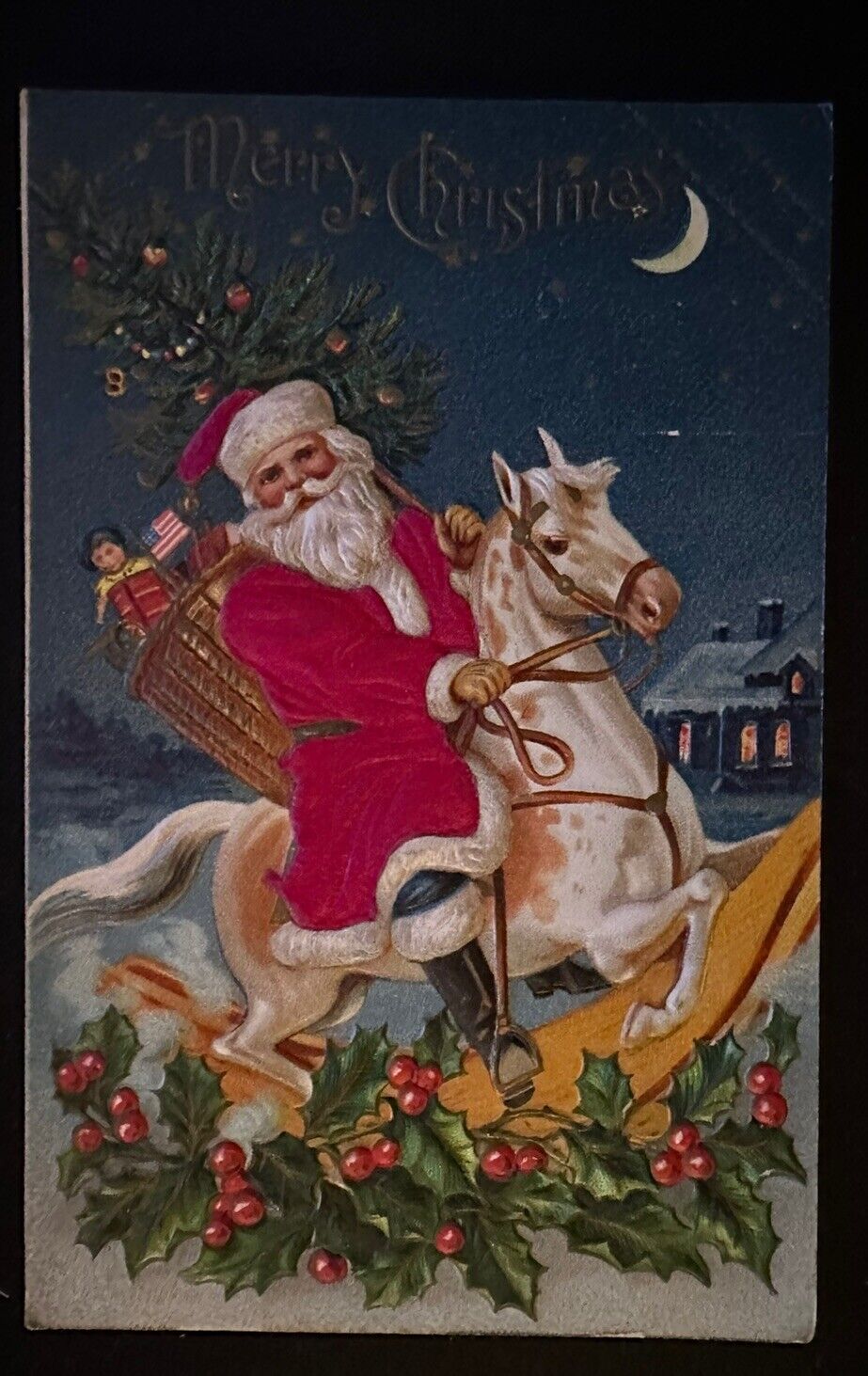 Patriotic SILK Santa Claus on Horse with USA Flag~Toys~ Christmas Postcard~h161