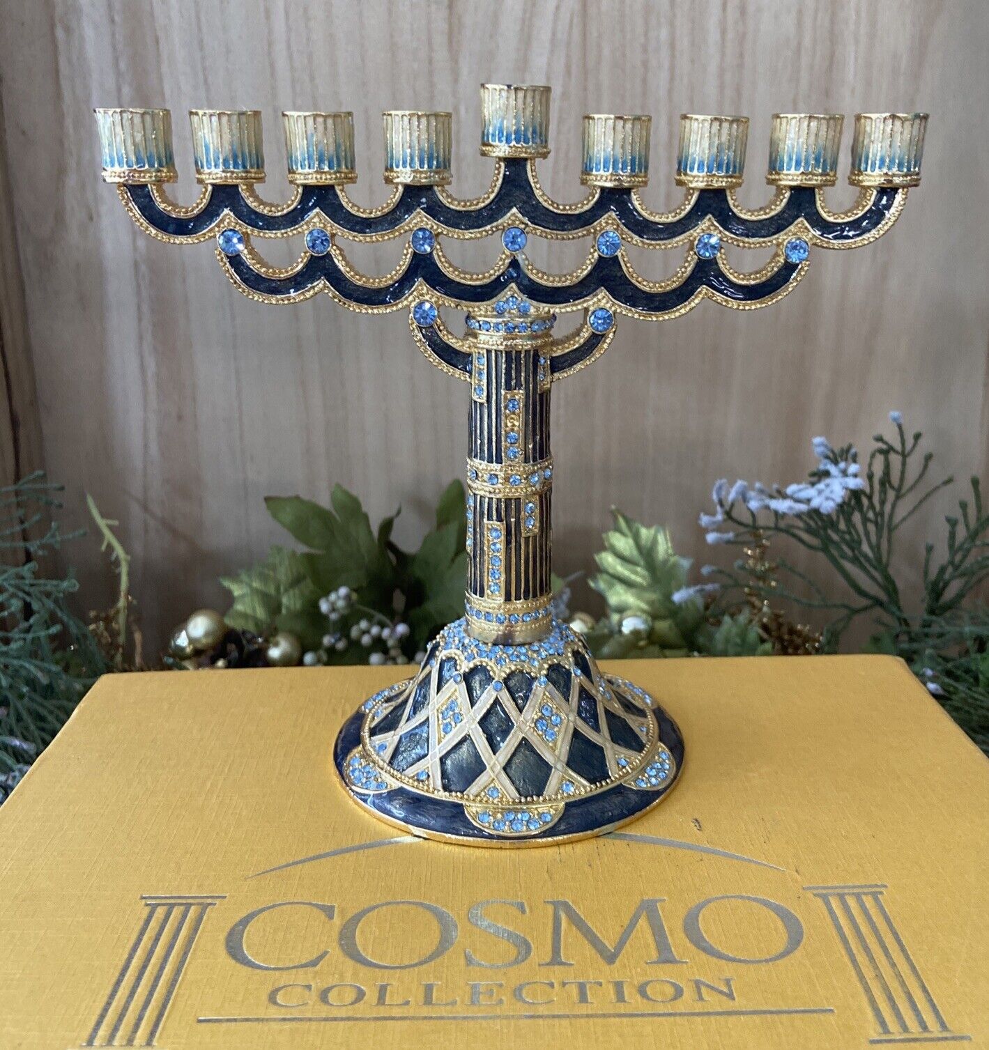 Cosmos Collection Menorah Crystal Enamel Gold Tone 9 Candle Judaism Holiday Box