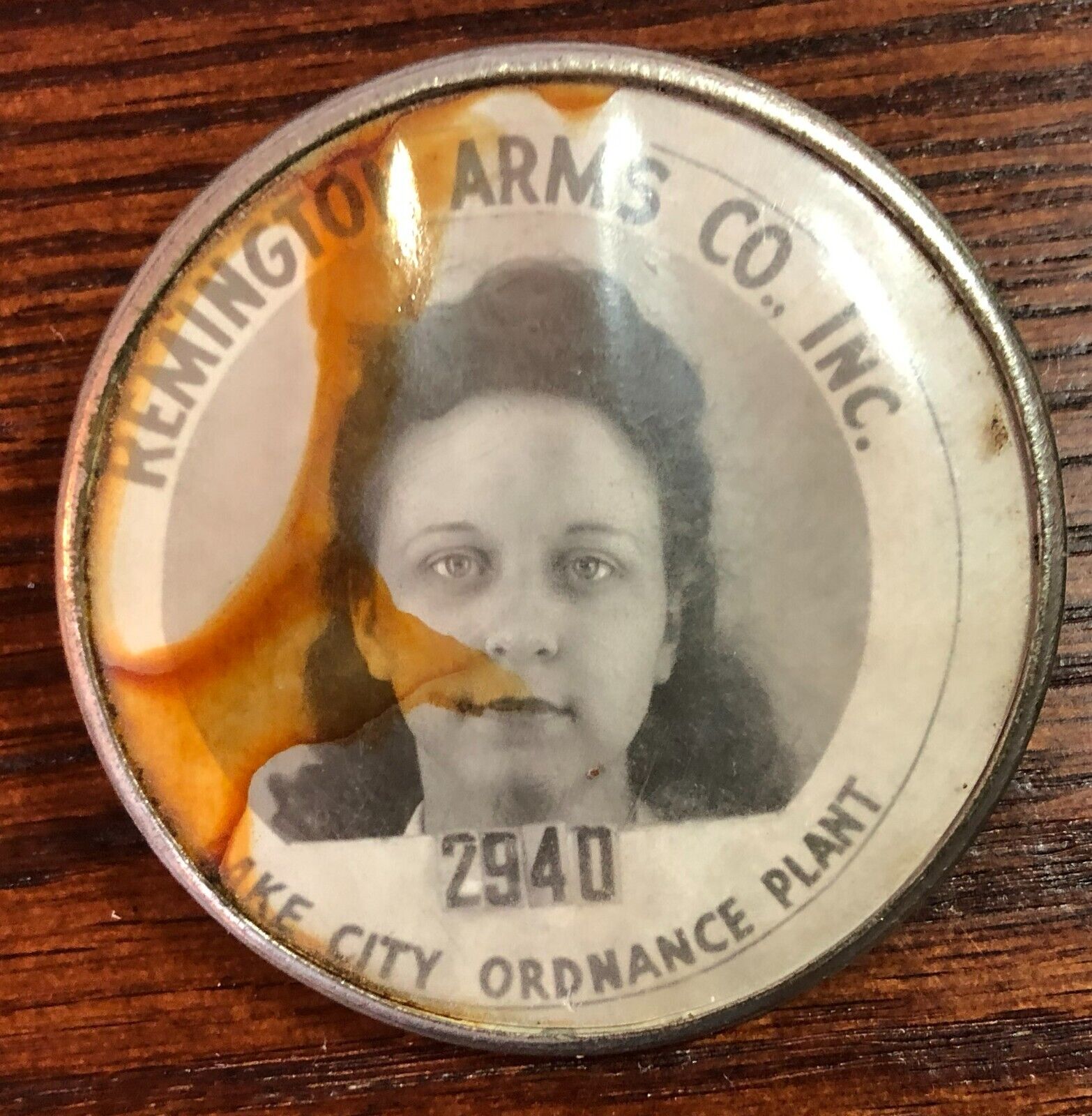 Remington Arms WWII woman's employee ID badge; Lake City, MO Ordnance Plant