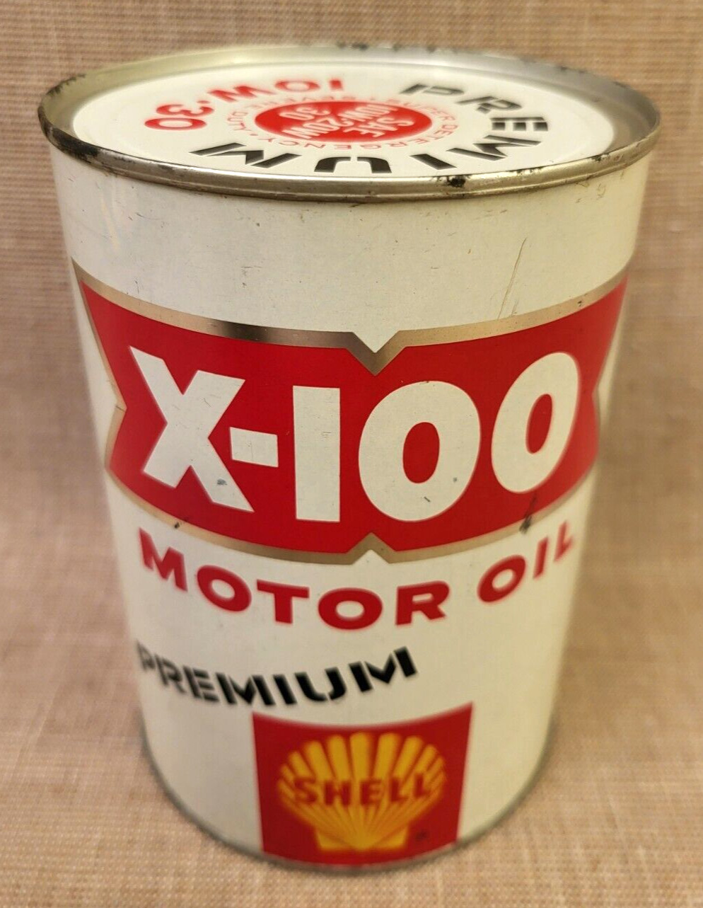 Vintage Shell X-100 Premium 10W30 Motor Oil Steel-Sided Sealed 1-Qt. Can - Nice