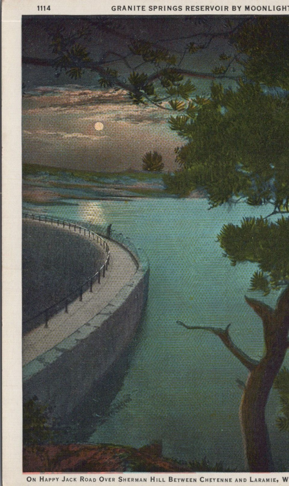 Granite Springs Reservoir By Moonlight Cheyenne Wyoming Linen Vintage Postcard