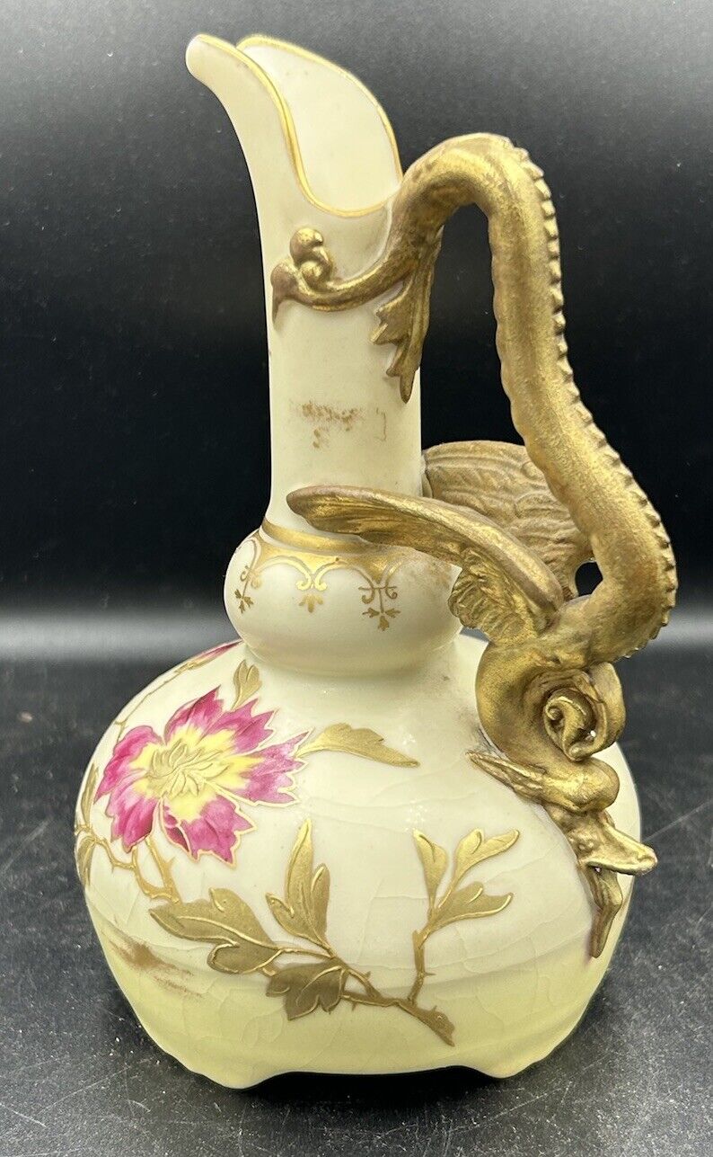 Antique Austrian Carlsbad Hand Painted Porcelain  Floral  Dragon Handle Vase