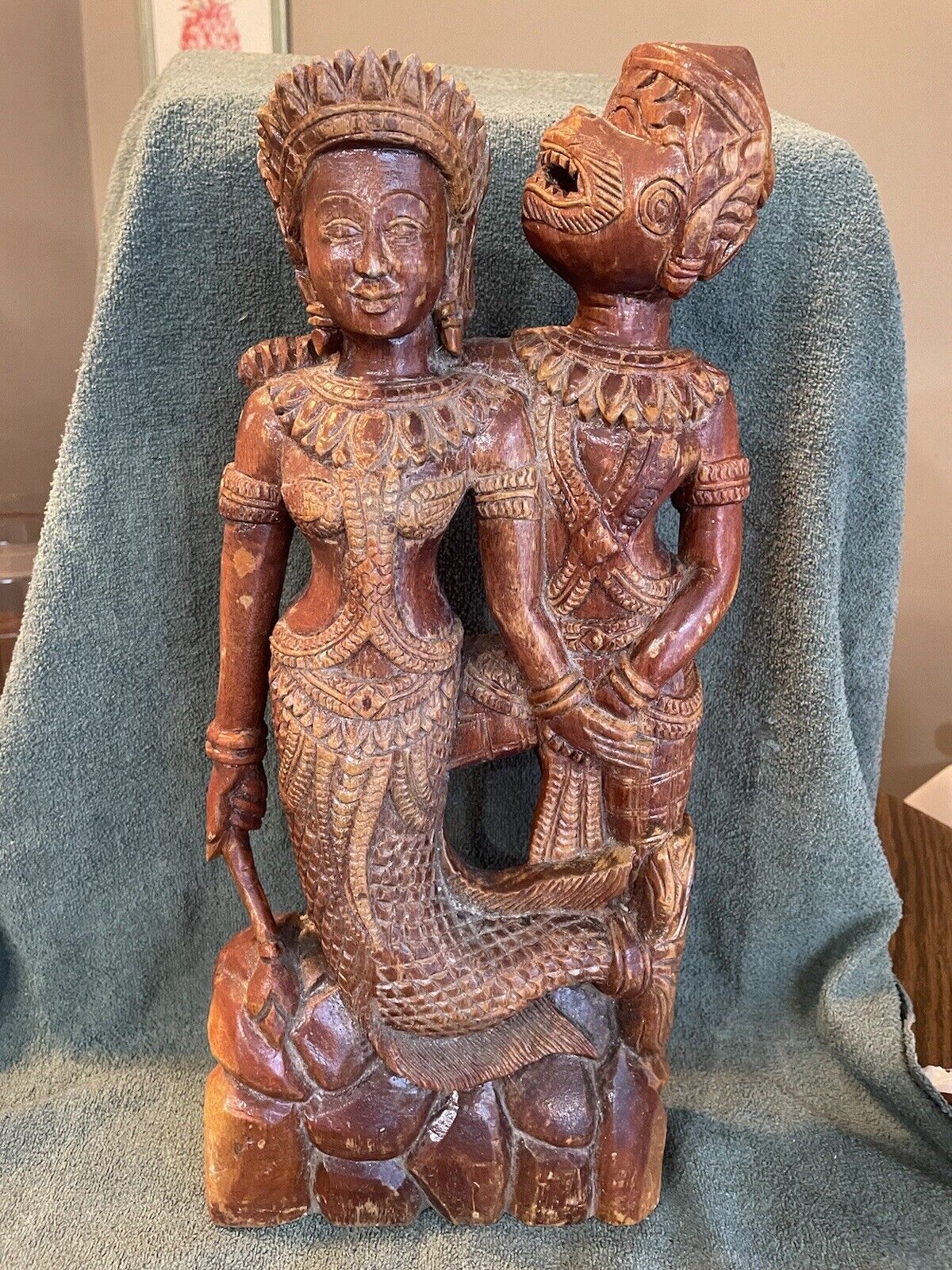 Wood Hand Carved Hanuman Monkey God Ramayana & Suvannamaccha Mermaid 18.5” Tall
