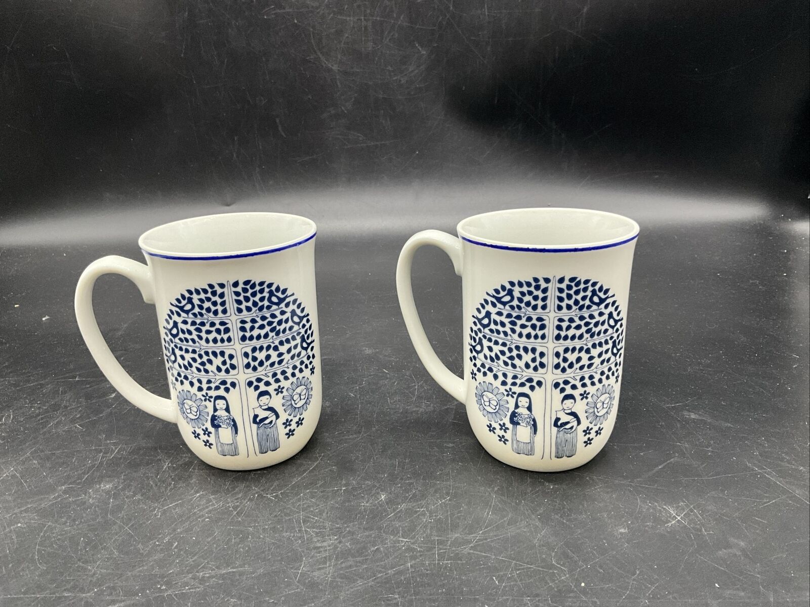 Pair Of Modern Danish Blue&White Tree Of Life Scandinavian Design Coffee Mugs