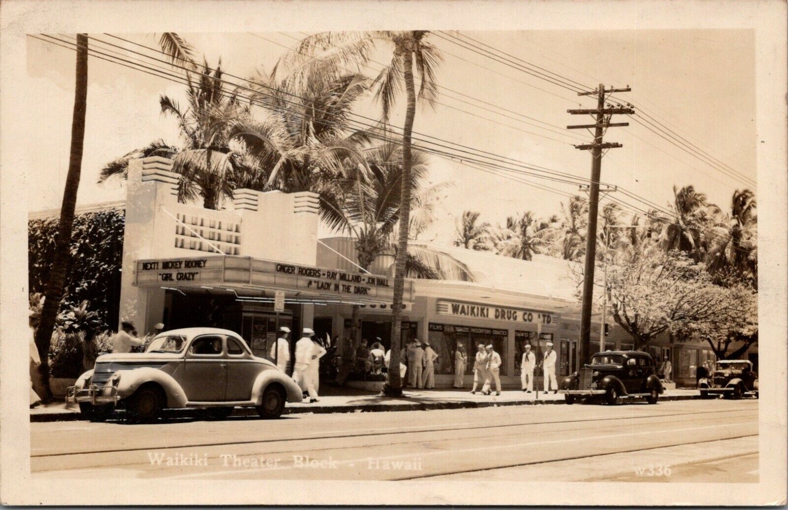 Waikiki Theater Block Honolulu Hawaii RPPC Postcard Navy Sailors Old Cars D68