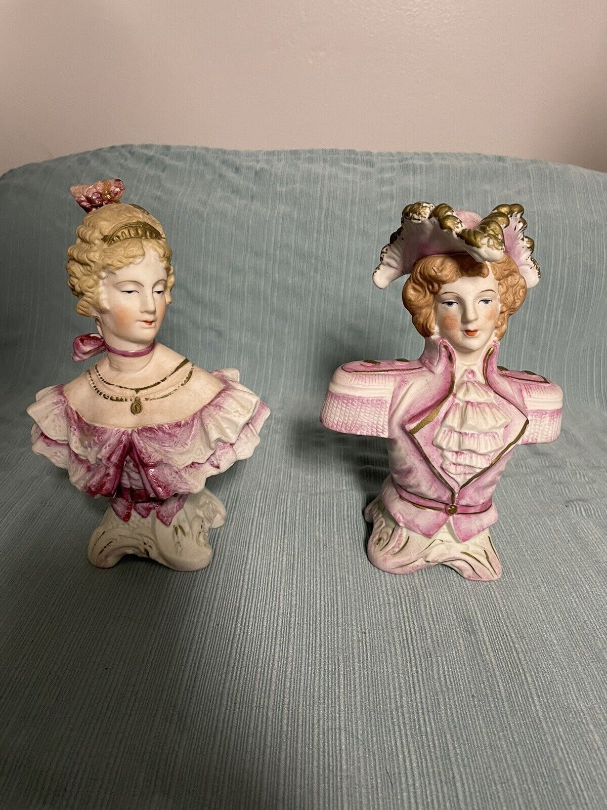 VINTAGE PAIR HALSEY IMPORT COURTING COUPLE HAND PAINTED BISQUE FIGURES