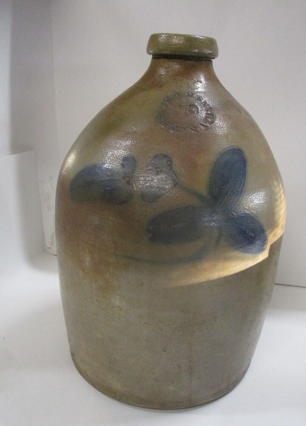 Antique Stoneware Saltglaze Whiskey Jug Blue Flower Design Handle Broken Cracked