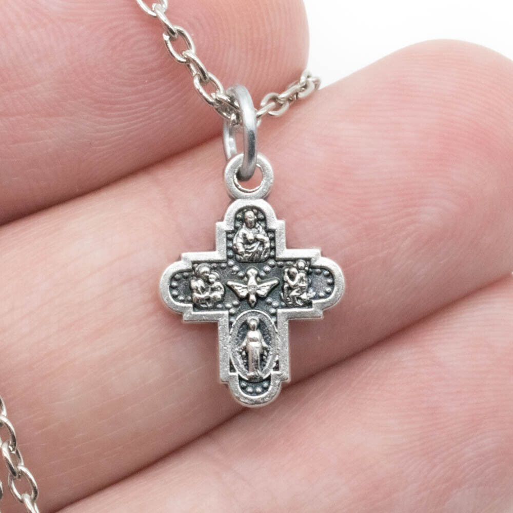 Catholic Cross Silver Plated 4 Way Medal Pendant Necklace Jesus Saint Italy