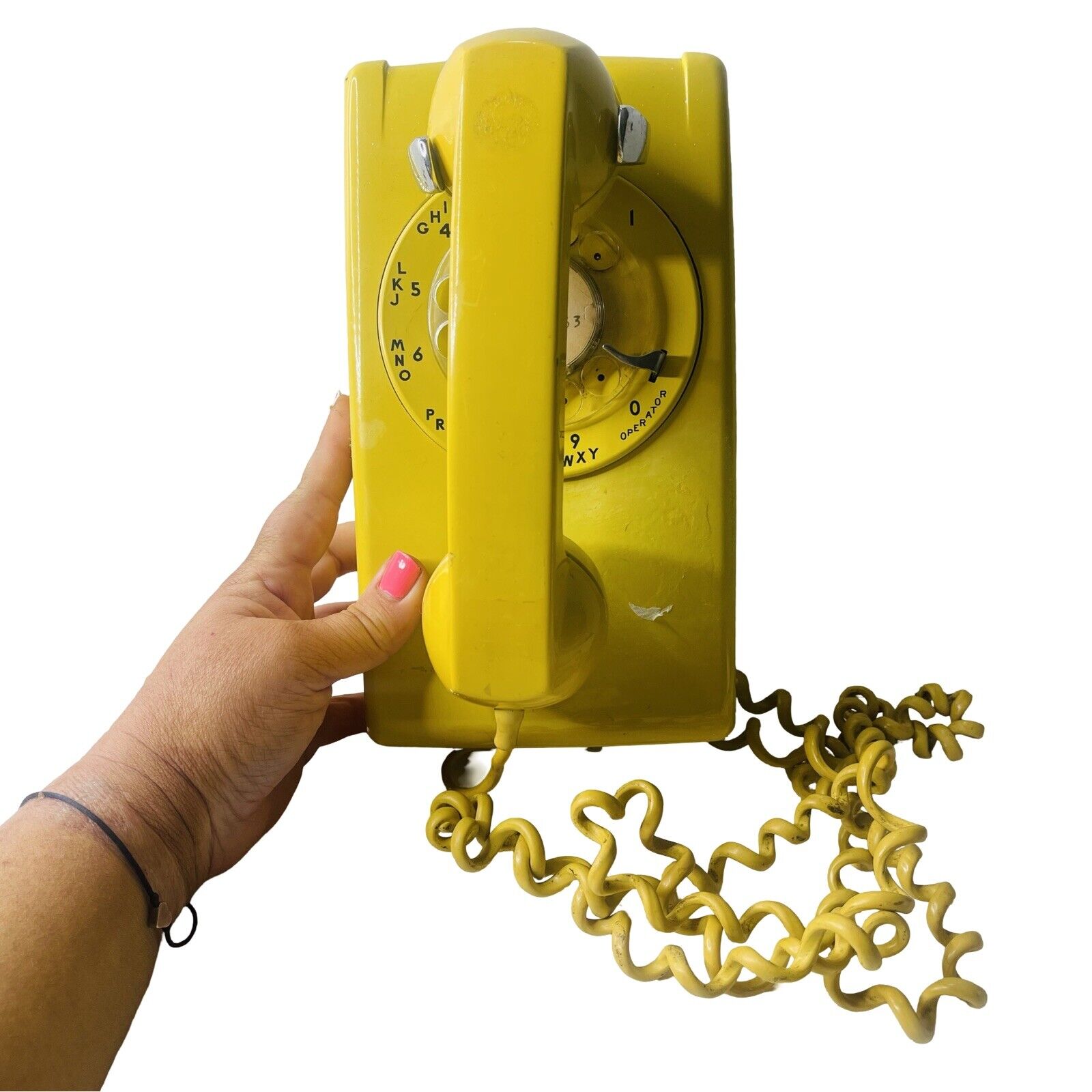 Vtg Western Electric Bell System Yellow Rotary Wall Phone mustard yellow