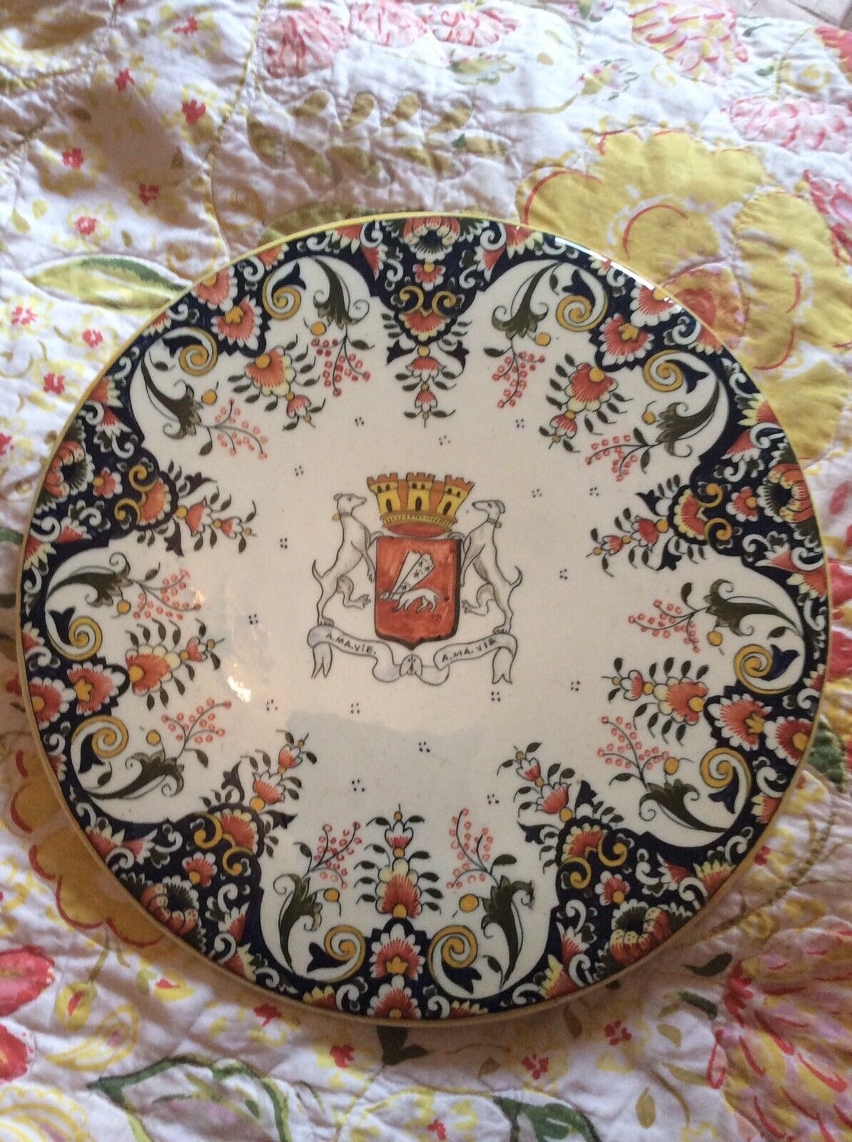 Antique French Cheese Plate Trivet Faience Hand painted Armorial Wall Rouen 14”