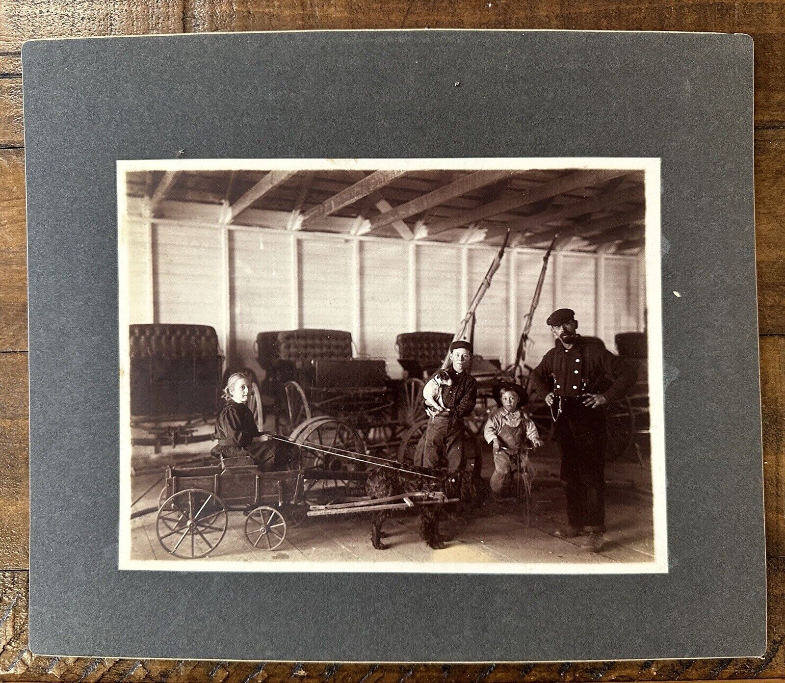 c. 1900s Horse Carriage House Kids Bicycle Dog Wagon Western Mounted Photo 10x12