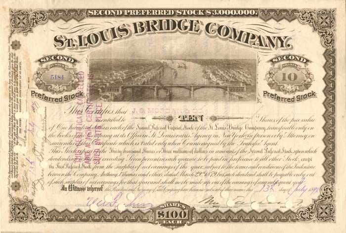 Issued to J.S. Morgan and Co. St. Louis Bridge Co. - Autographed Stocks & Bonds