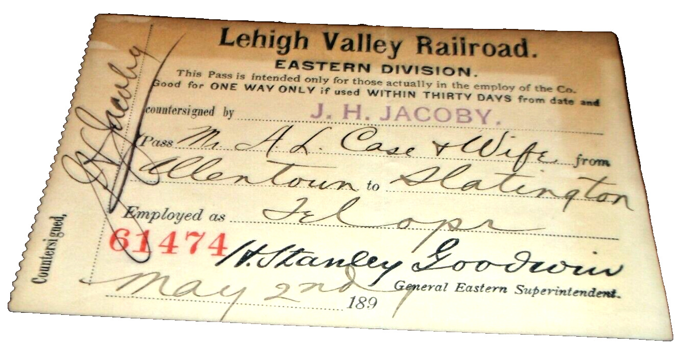 MAY 1891 LEHIGH VALLEY RAIL ROAD EMPLOYEE MONTHLY PASS #61474