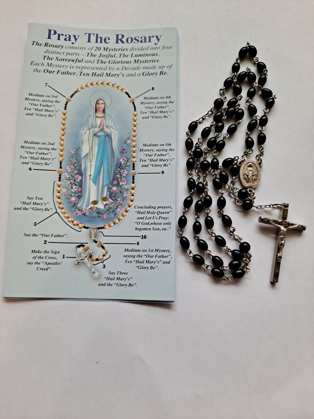 New Rosary 5 mm vintage black beads handmade Catholic Miraculous Medal , flyer