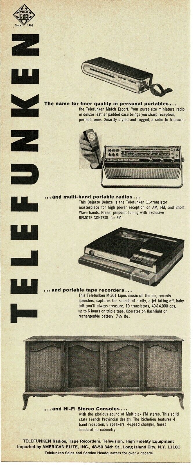 1966 TELEFUNKEN Radio Tape Recorder Stereo Console Short Wave Vintage Print Ad