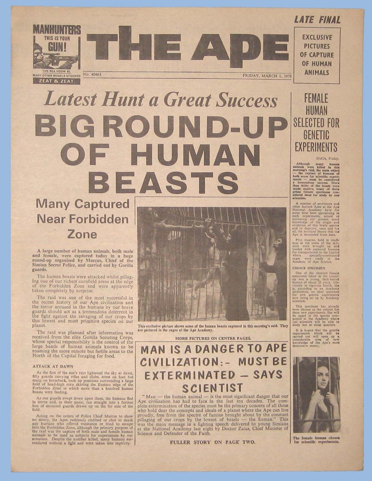 VINTAGE - PLANET OF THE APES - 1968 - MOVIE PROMOTIONAL NEWSPAPER - \