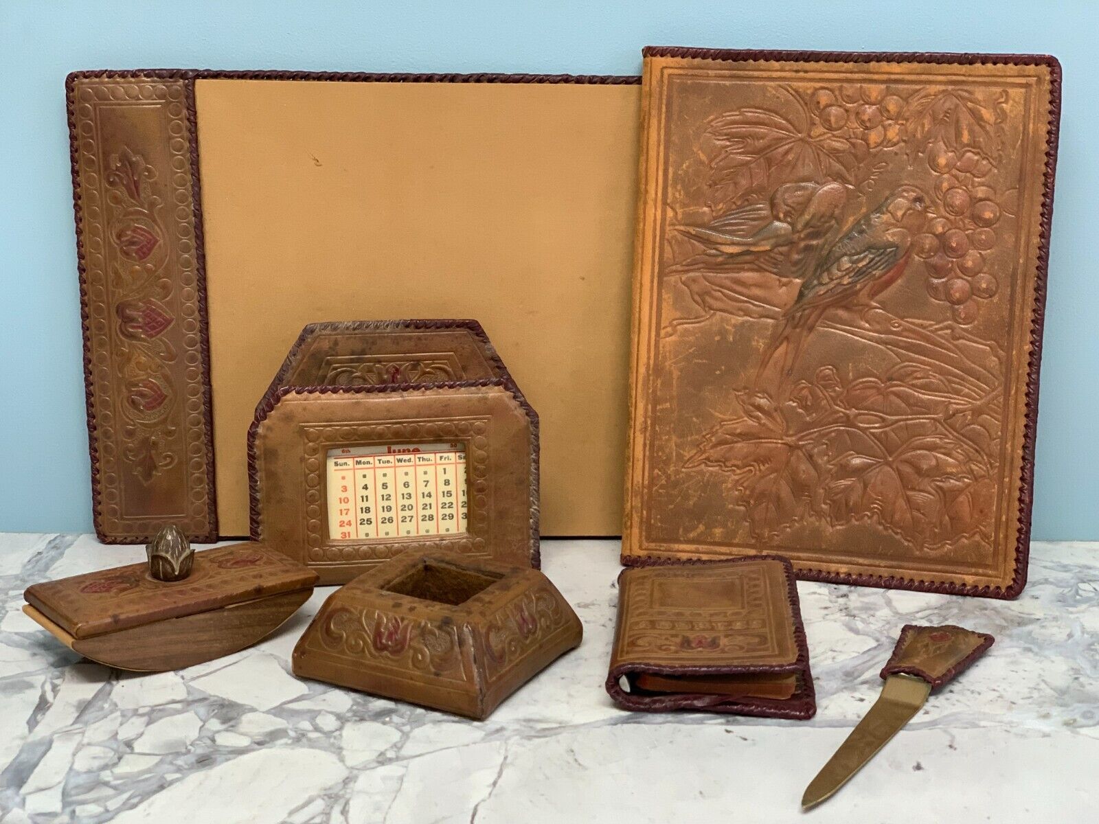 Antique Hand Tooled Leather Stationary Desk Set from Italy