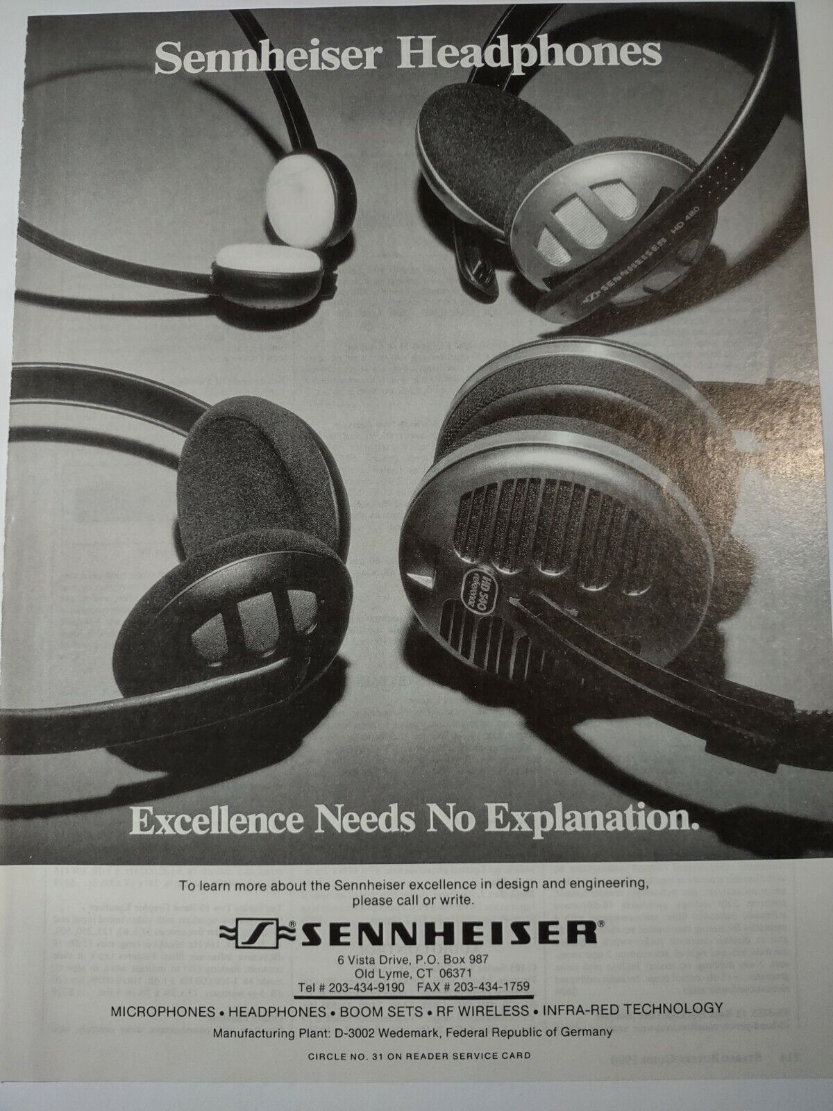 Sennheiser Headphones Excellence Needs No Explanation Vintage Print Ad