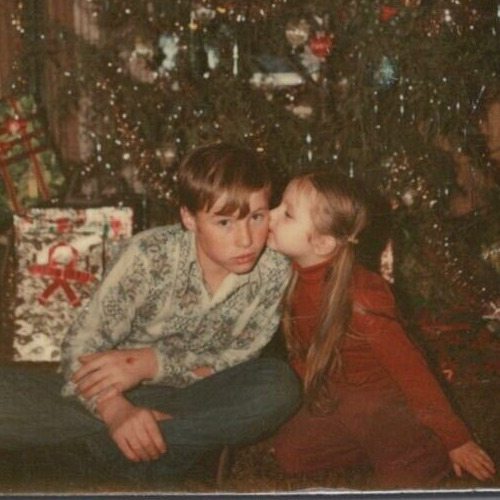 4S Photograph 1960-70's Family Photo Boy Girl Brother Sister Christmas Tree Kiss