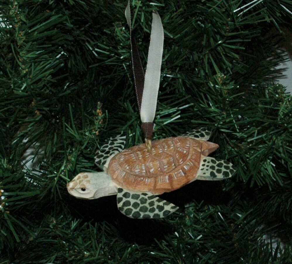 Hand Carved Wooden Sea Turtle Christmas Ornament
