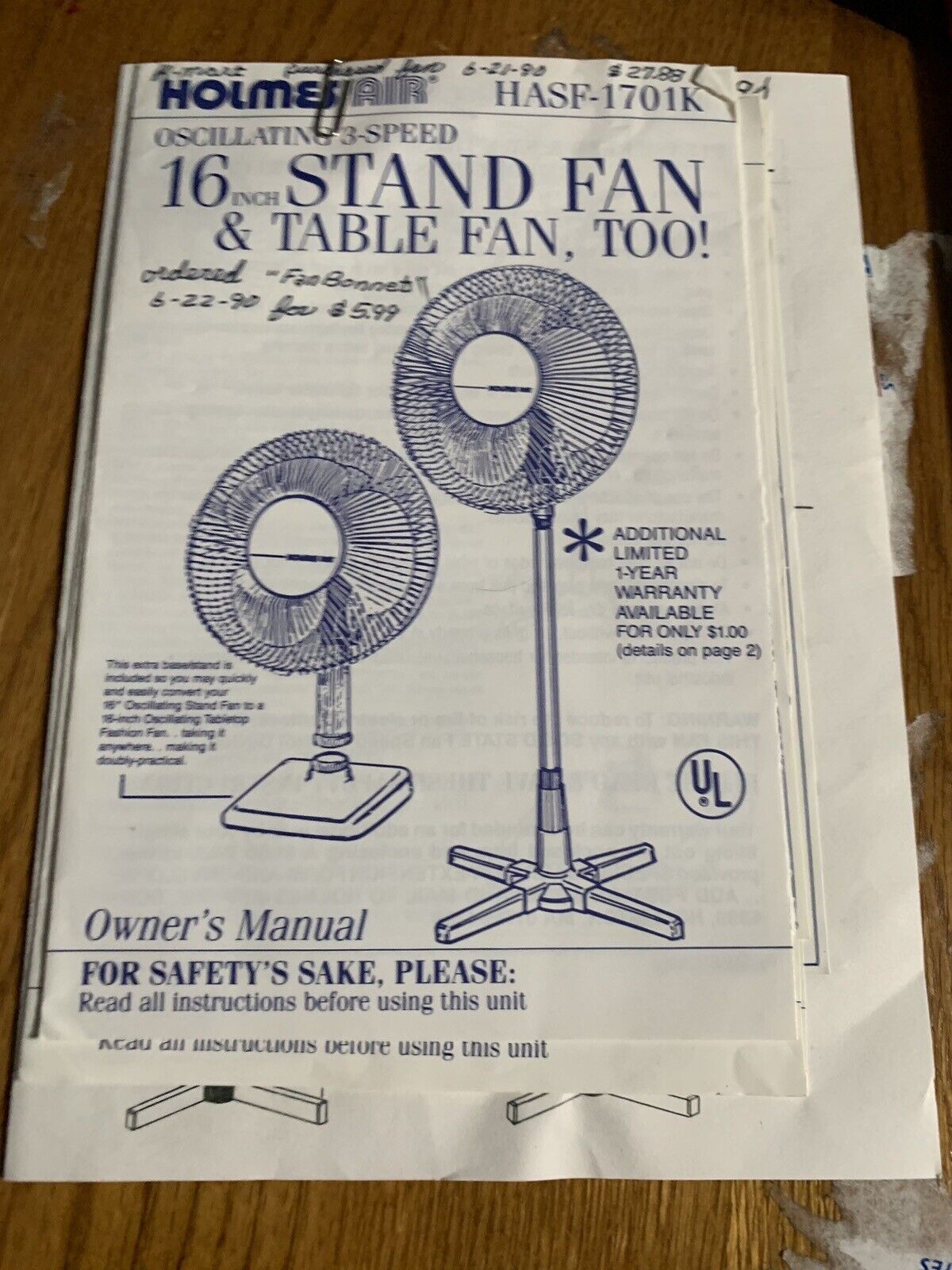 1990 Holmes Air Fan Manual B160