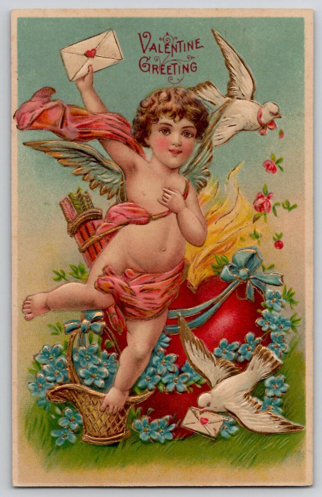 Valentine\'s Day Greeting Cupid Doves Deliver Letters 309 German Postcard c1910s