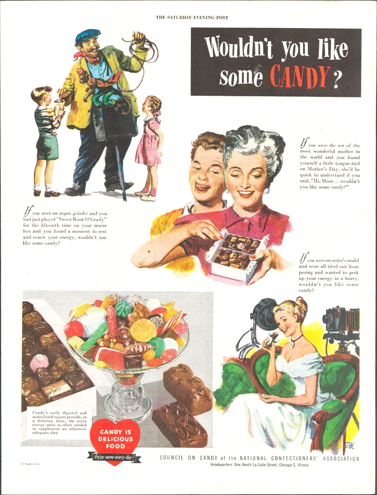 1948 candy chocolate vintage art Print Ad organ grinder monkey kids