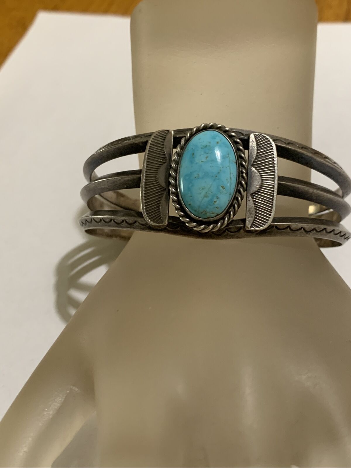 Vintage  Navajo Dead Pawn Ingot Poured Sterling Silver Cuff Bracelet  Turquoise