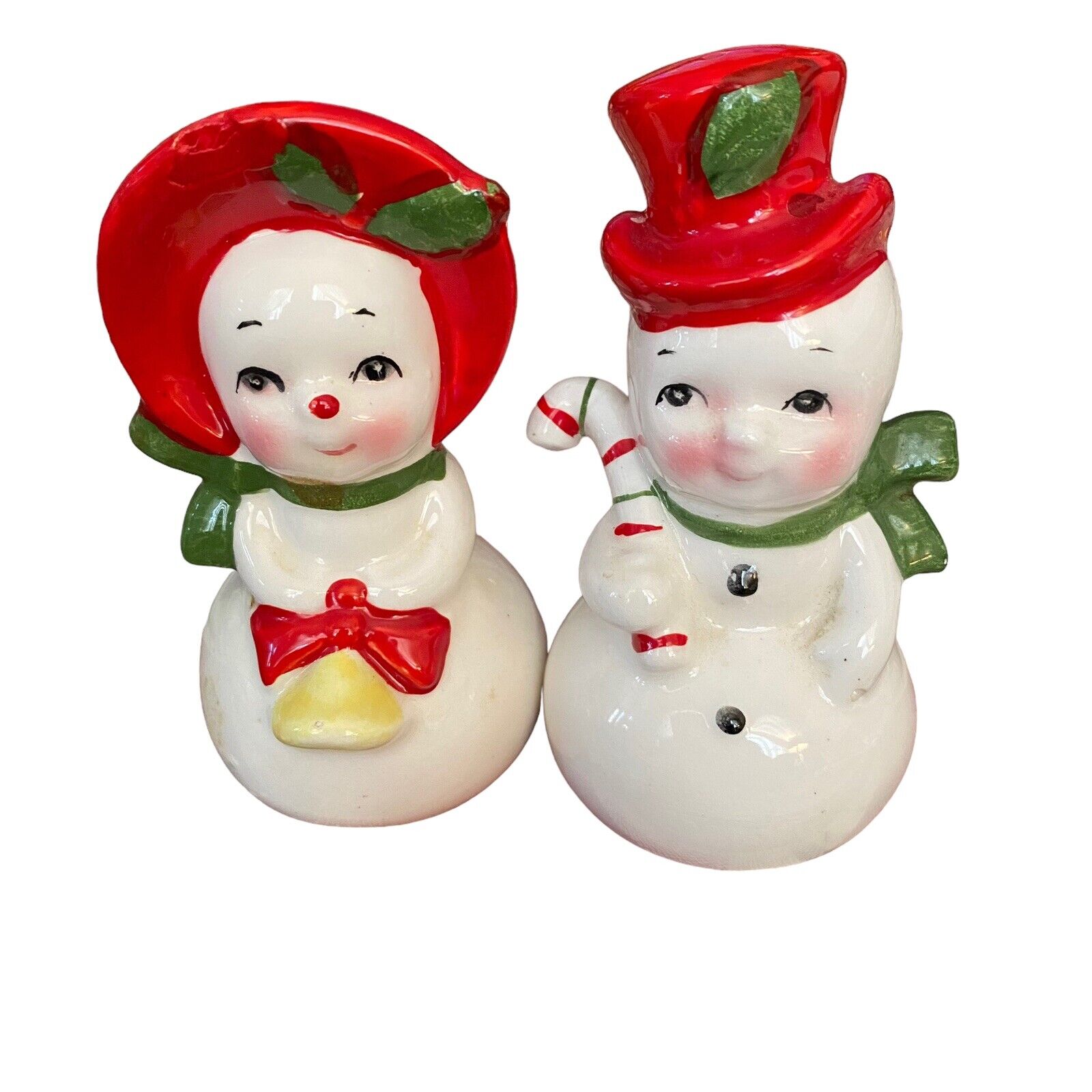Vintage Lefton Mr. and Mrs. Snowman Salt and Pepper Shakers Top Hat Scarf