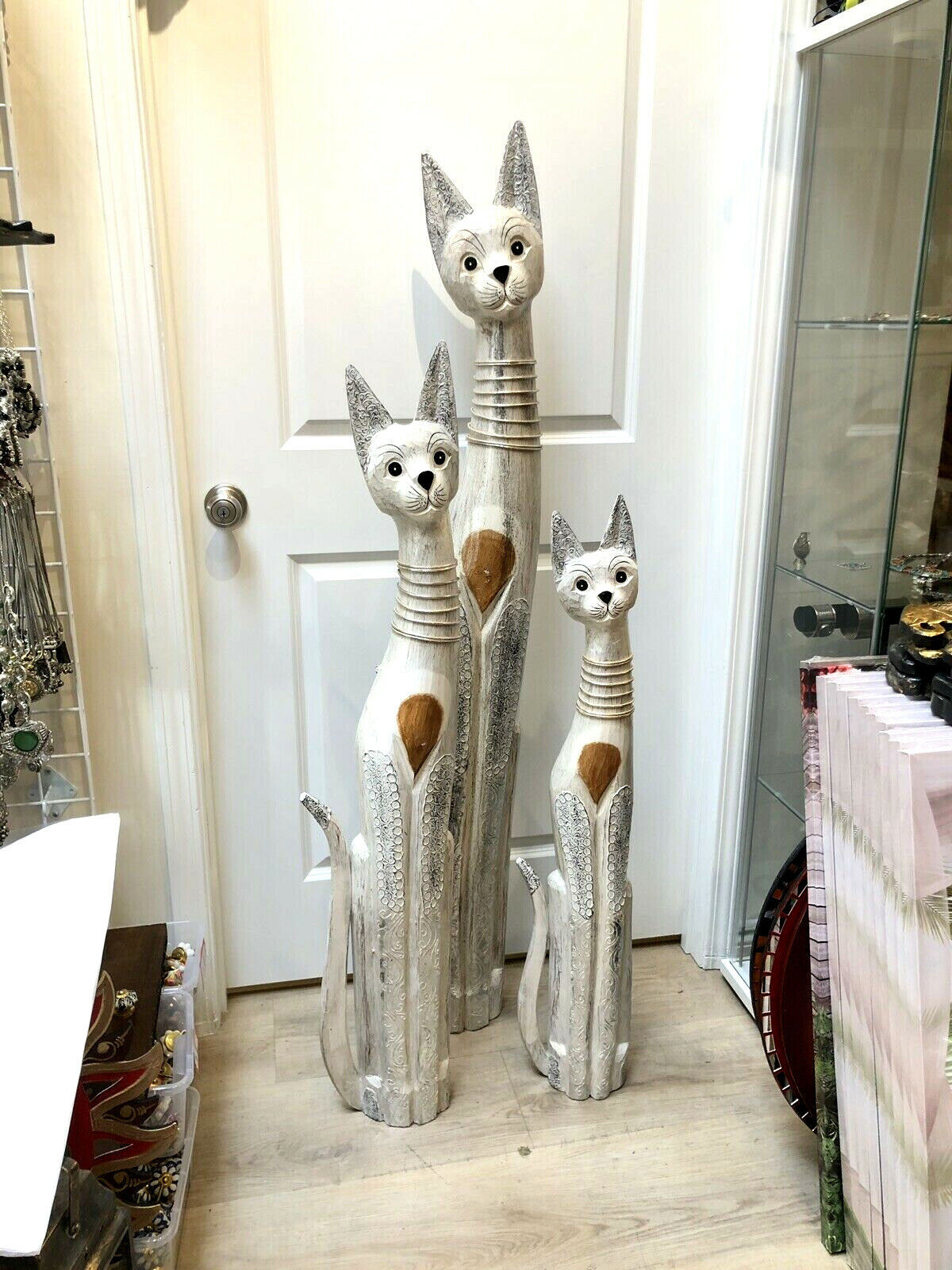 Cat Tall Statue Wood Carved Set of 3 With Straw Detail Neck Painted Solid Wood