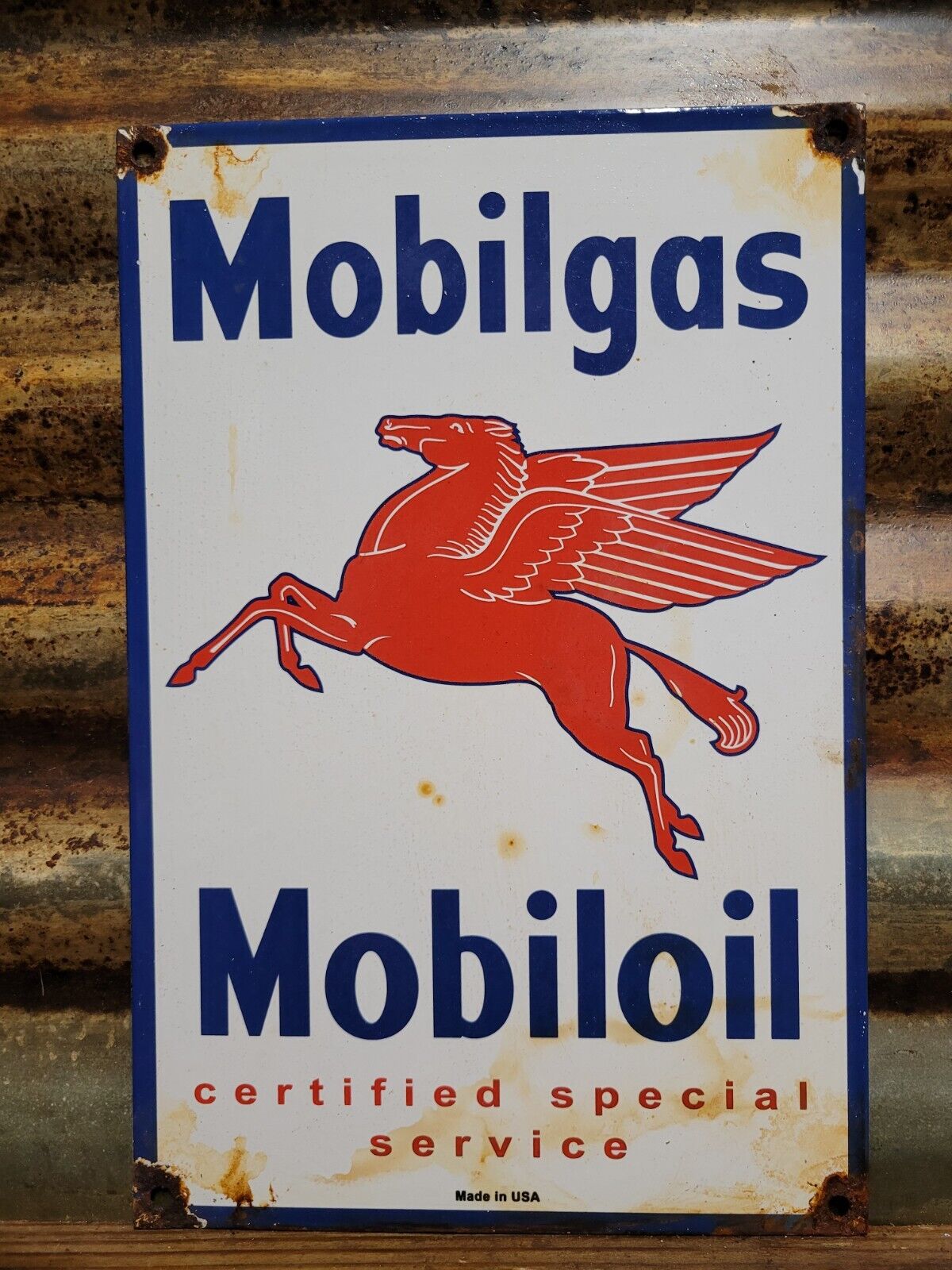 OLD VINTAGE MOBIL PORCELAIN SIGN GAS STATION MOTOR OIL SERVICE GARAGE PEGASUS