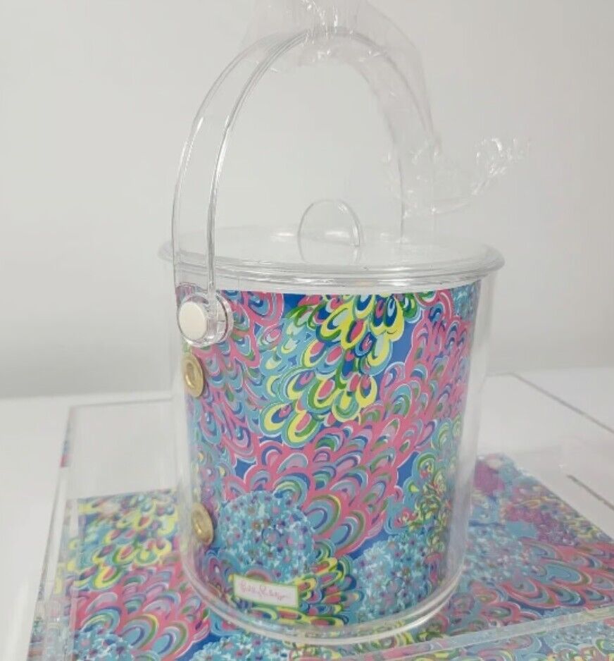 Lilly Pulitzer Lucite Tray & Ice Bucket tongs Lagoon Print Set HTF blue pink