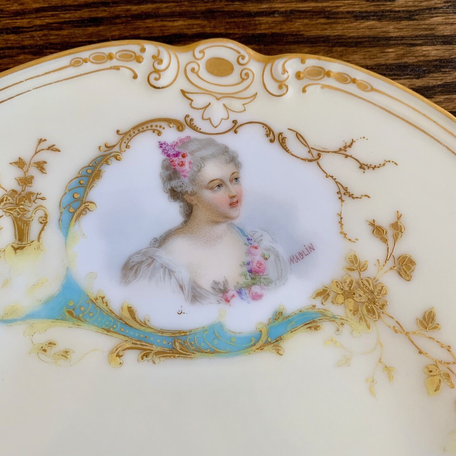 Antique Sevres Style Porcelain Portrait Plate Marquise de Parabere Signed Maglin