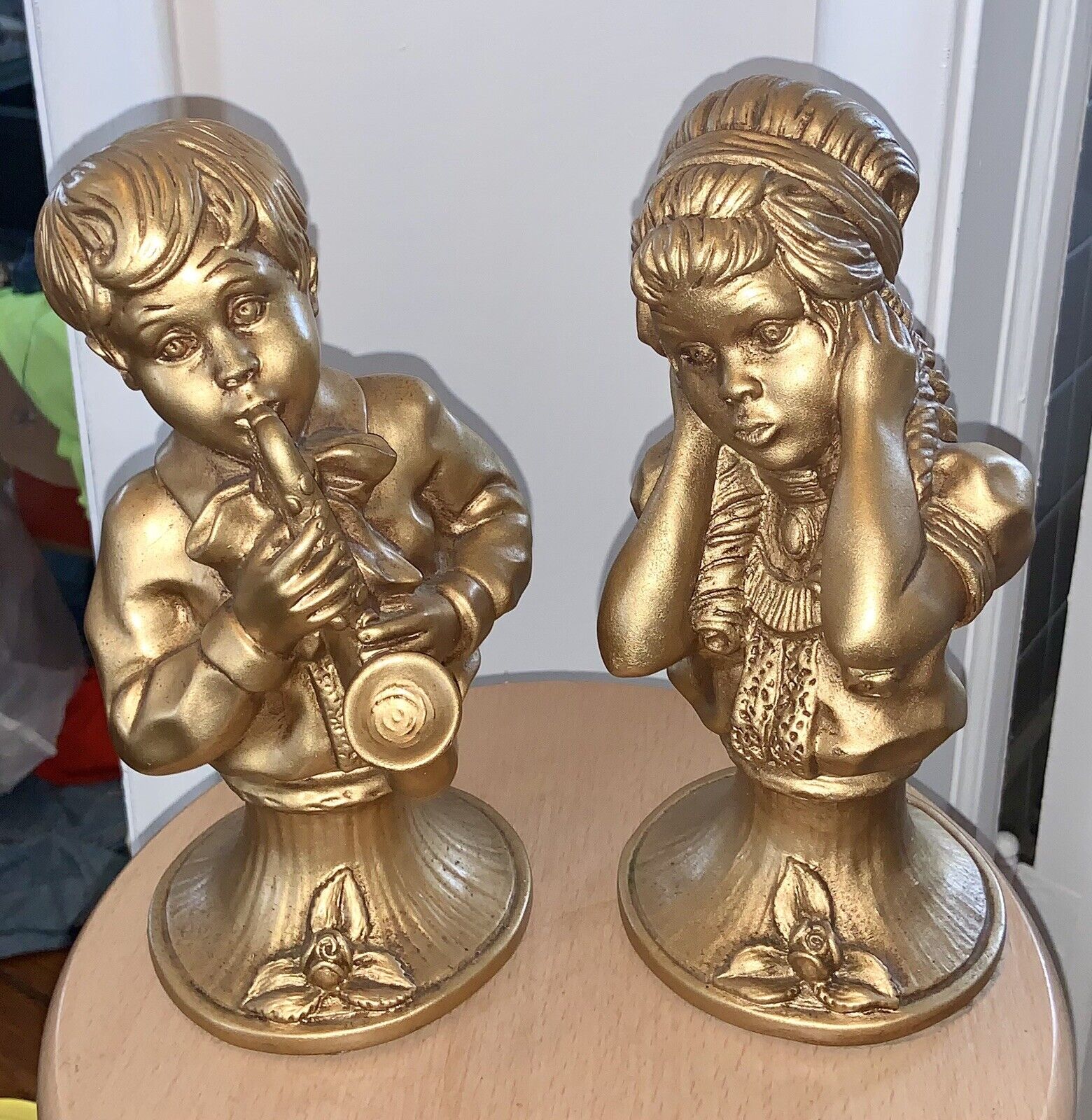 Vintage Boy & Girl Chalk Ware Statues Book Ends? Music Theme Signed U. Kendrick