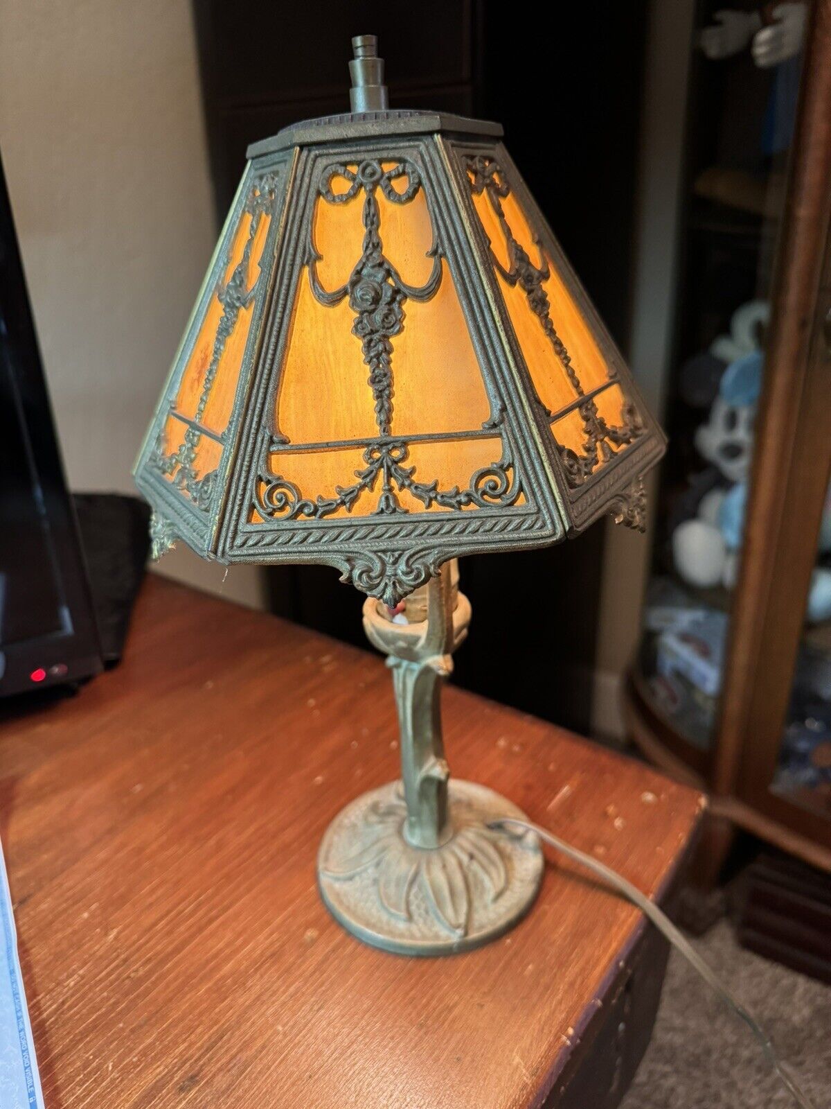 Early 20th Century  Cast Iron  Slag Glass Lamp