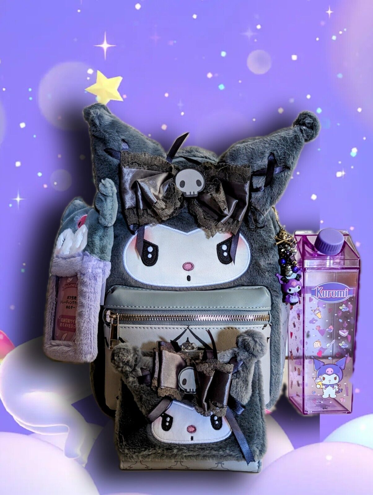 Her Universe Kuromi LOT Lolita Figural Mini Backpack,2Wallet Set, 💦Bottle&CHARM