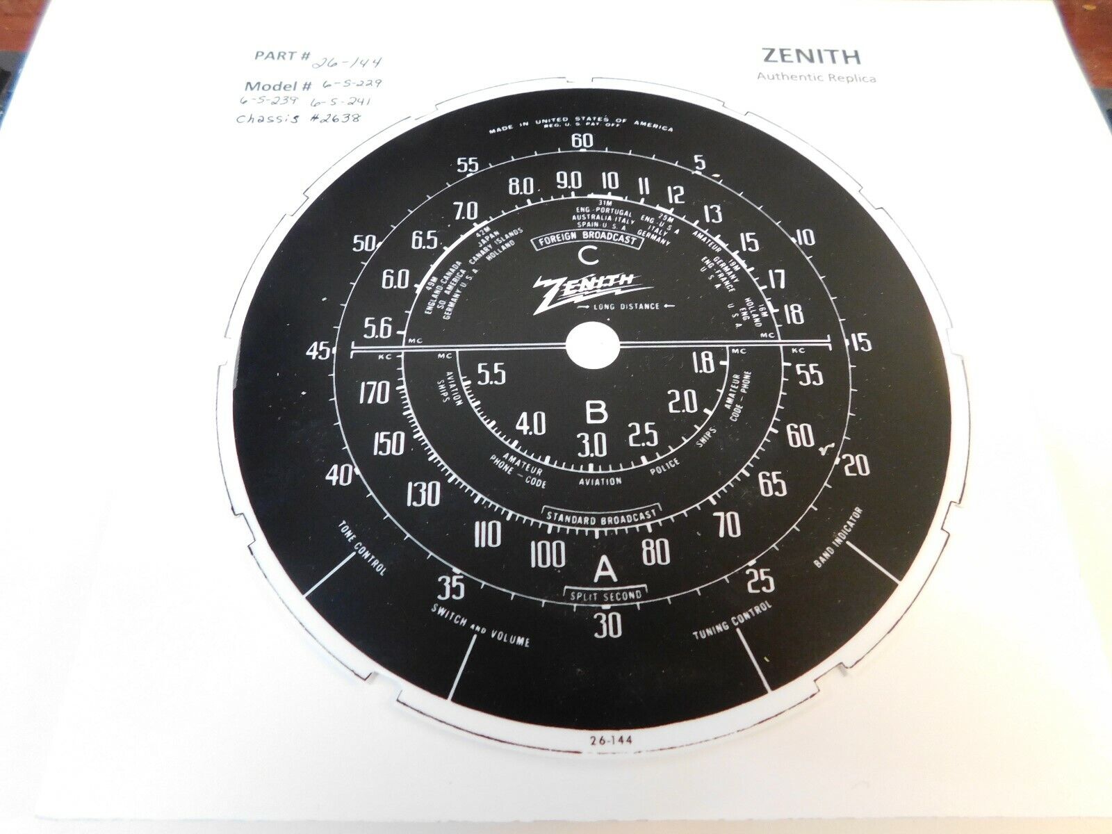 Authentic Vintage Replica Zenith RADIO DIAL #26-144 , 6-s-229, 6-s-239, 6-s-241