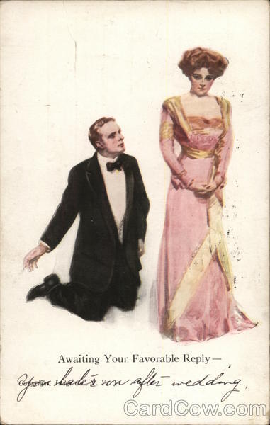 Couple 1911 Awaiting Your Favorable Reply Taylor Platt & Co. Postcard 1c stamp